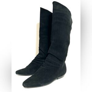Vintage 80s Genuine Suede Slouch Boots Black PullOn Flat Pointed Toe Ruched 7
